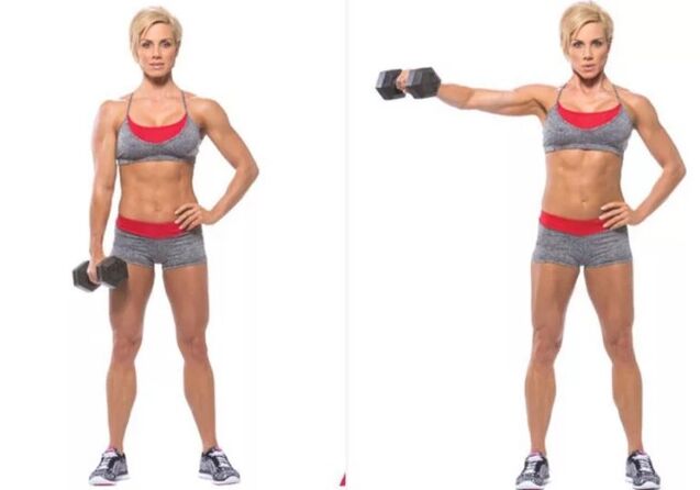 Raises the dumbbell